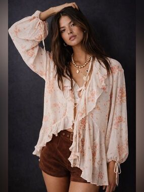 Free People Peach Floral Ruffle Tie-Front Blouse